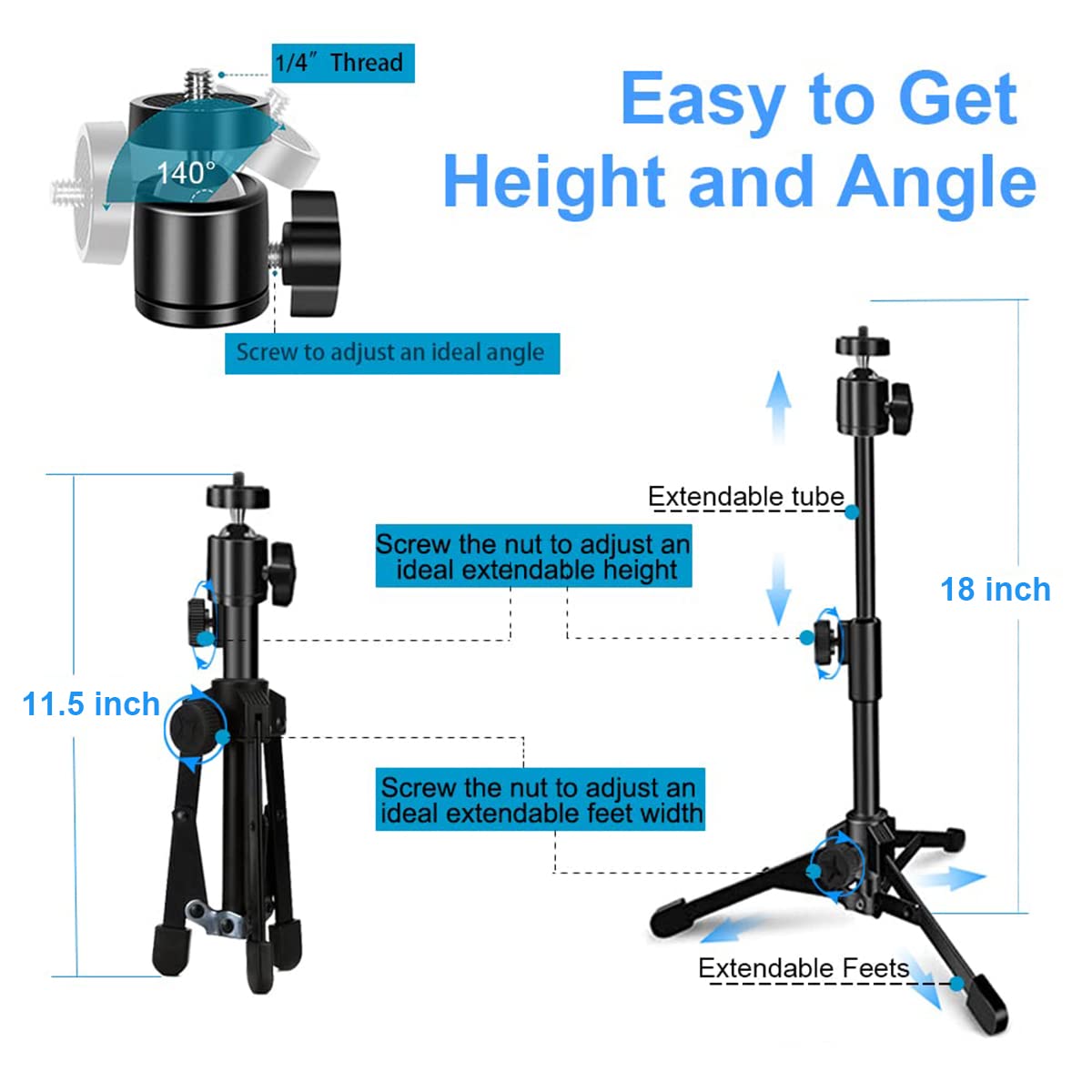 Webcam Tripod Stand Extendable Desktops Tripod for Camera/Phone/Webcam, Desk Tripods Webcam Mount Holder Compatible with Logitech Webcams C925e C922x