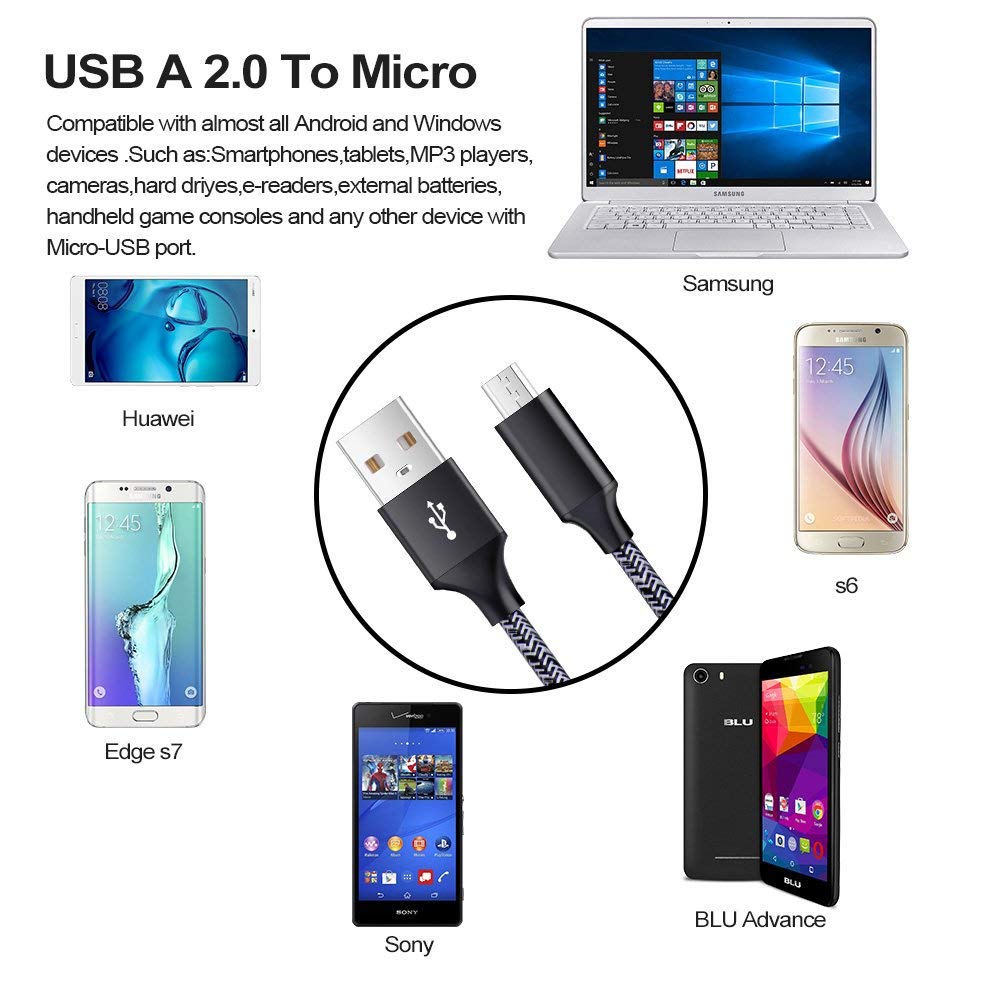 Short Micro USB Cable 2-Pack, 1.6+3FT Phone Charger Power Cords Android Fast Charging Cables Compatible with Samsung Galaxy J7 S6 S7 Edge J3,Note 3 4