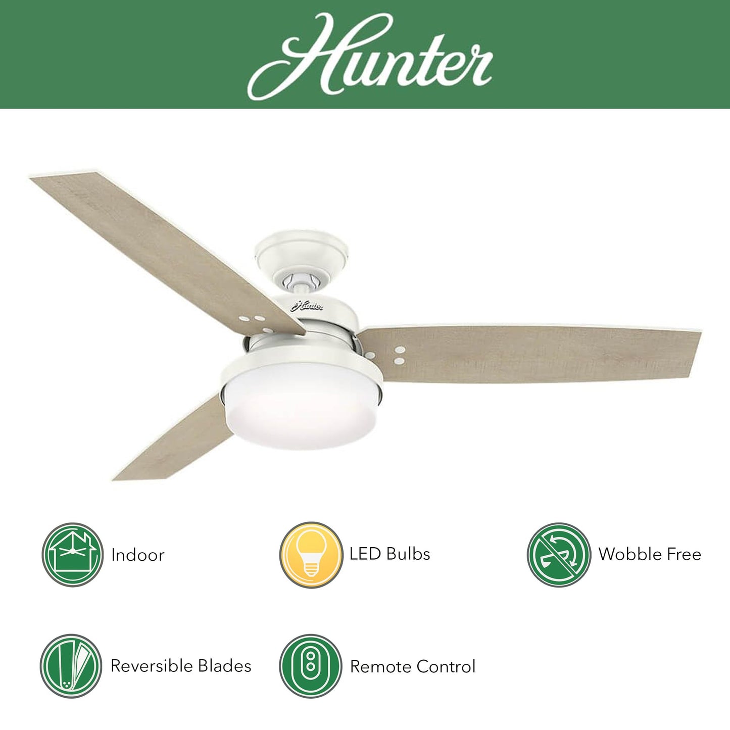 Hunter Fan 52 inch Casual Fresh White Indoor Ceiling Fan with Light Kit and Remote Control (Renewed)