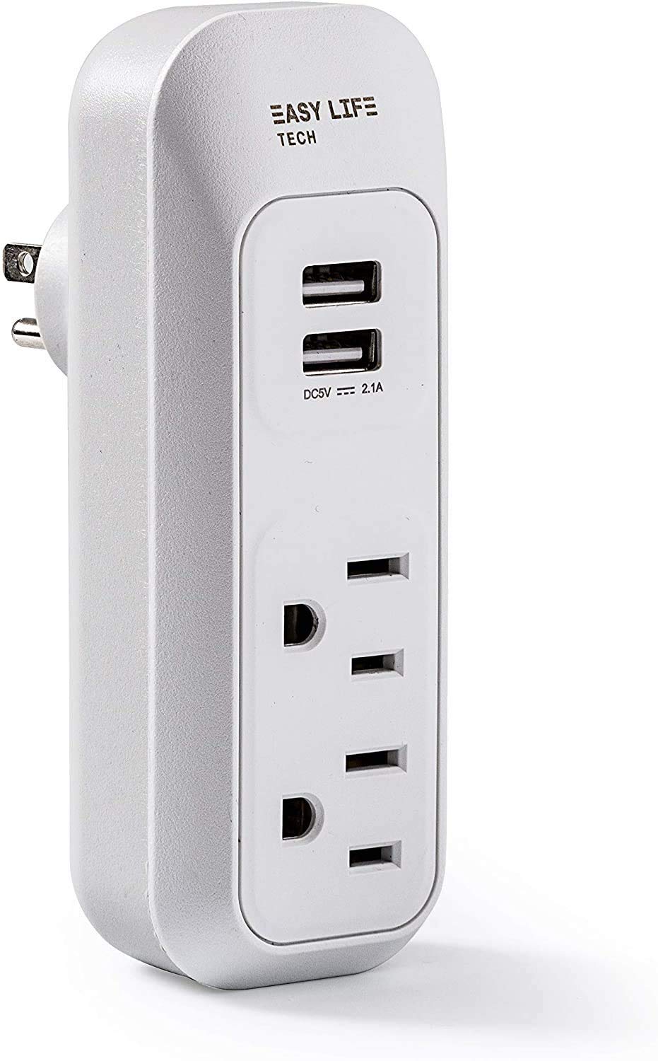 Easylife Tech Wall Outlet Extender with 2 AC Outlets and 2 USB Charging Ports Compact Plug in Power Hub 5V 3.4A USB Charger for Home Office and Travel