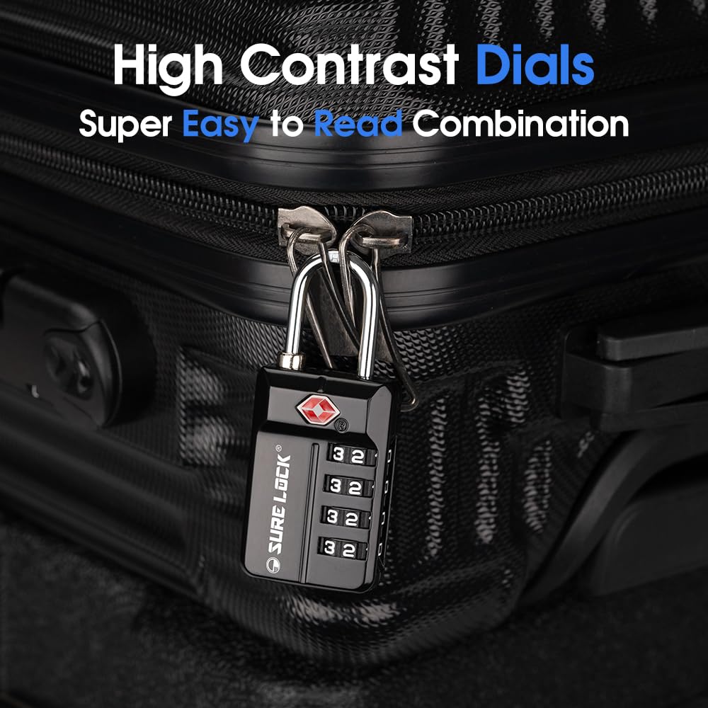 SURE LOCK TSA Approved Luggage Locks 2 Pack – 4-Digit Resettable Combination with Open Alert, Easy-Read Dials for Suitcases, Lockers & Gym (Black)