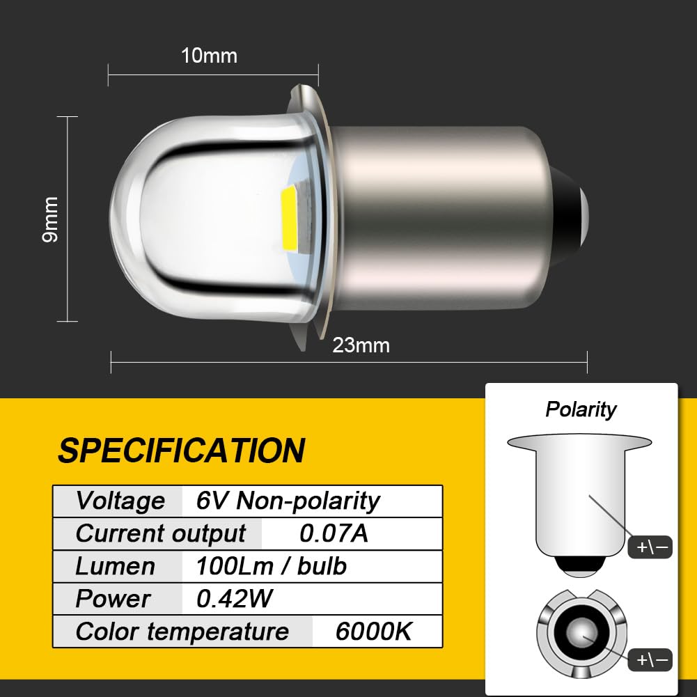 Ruiandsion LED Flashlight Bulb 6V P13.5S Base Socket White LED Bulbs Replacement for Flashlight Torch Lights,Non-Polarity Non-Dimmable (Pack of 5)