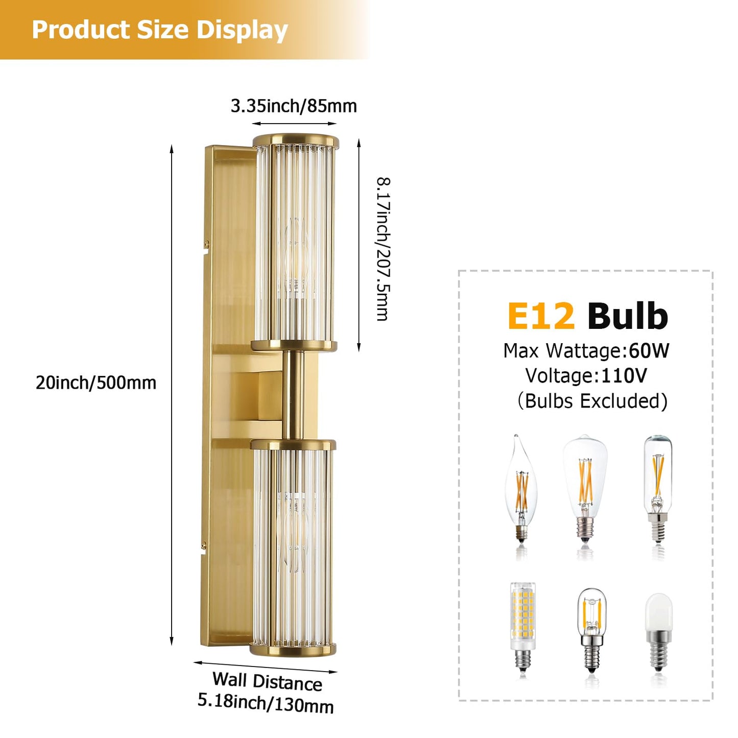 ECOBRT 2-Light Modern Vanity Wall Lamp in Brushed Brass, Industrial Bathroom Lighting with Glass Rod Shades, Adjustable Modern Mirror Lights