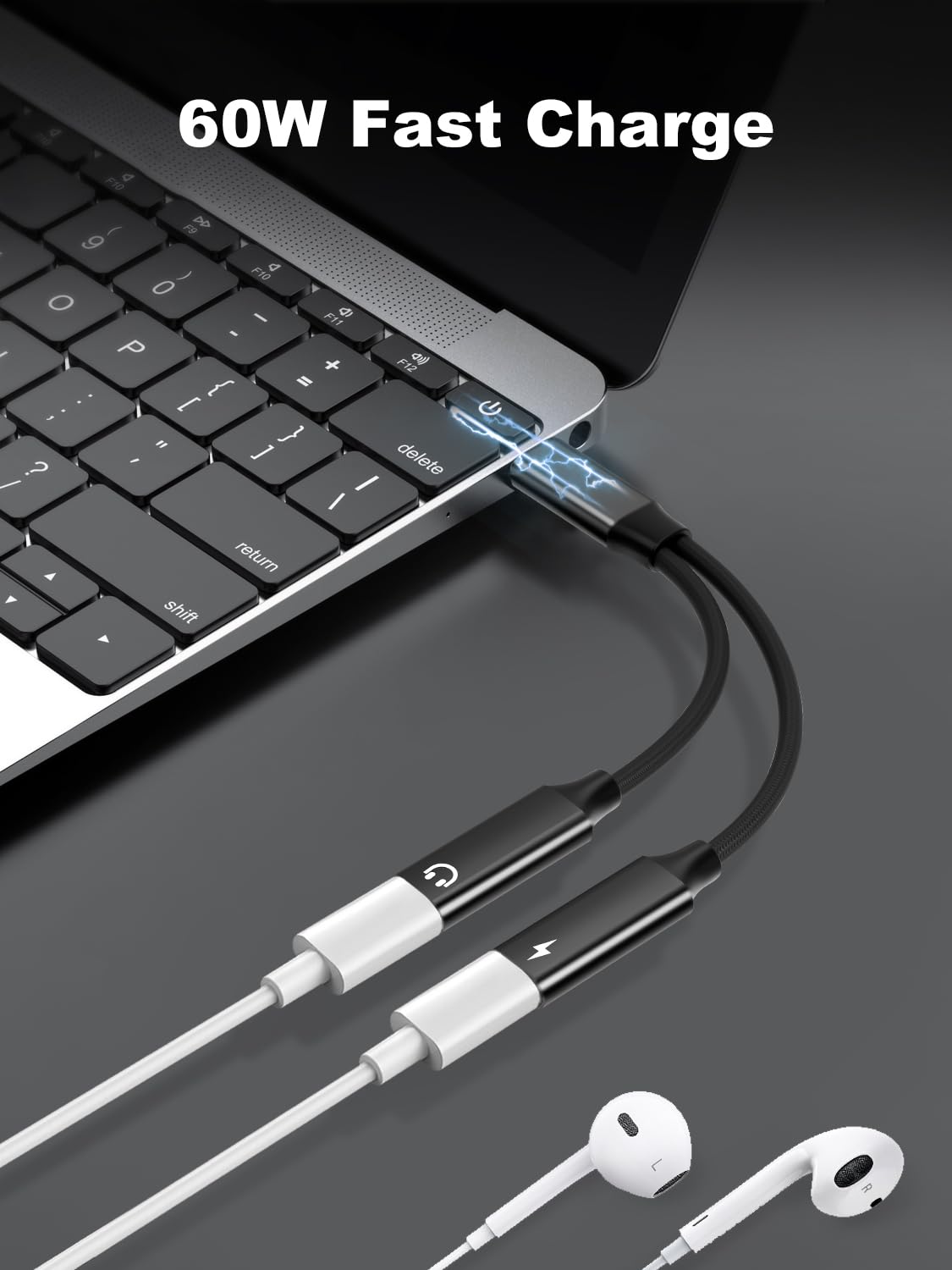 USB C Splitter 1 in 2 Out Dual USB C Type Headphone and Charger Audio Adapter, Hi-Fi Sound Quality Type C Headphone Adapter with PD 60W Fast Charging