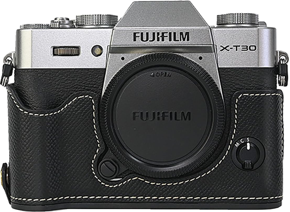 X-T30 Case, BMAOLLONGB Handmade PU Carbon Fibre Leather Half Camera Case Bag Cover Bottom Opening Version for Fujifilm X-T30 XT30 with Hand Strap
