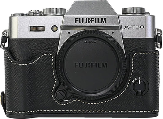 X-T30 Case, BMAOLLONGB Handmade PU Carbon Fibre Leather Half Camera Case Bag Cover Bottom Opening Version for Fujifilm X-T30 XT30 with Hand Strap