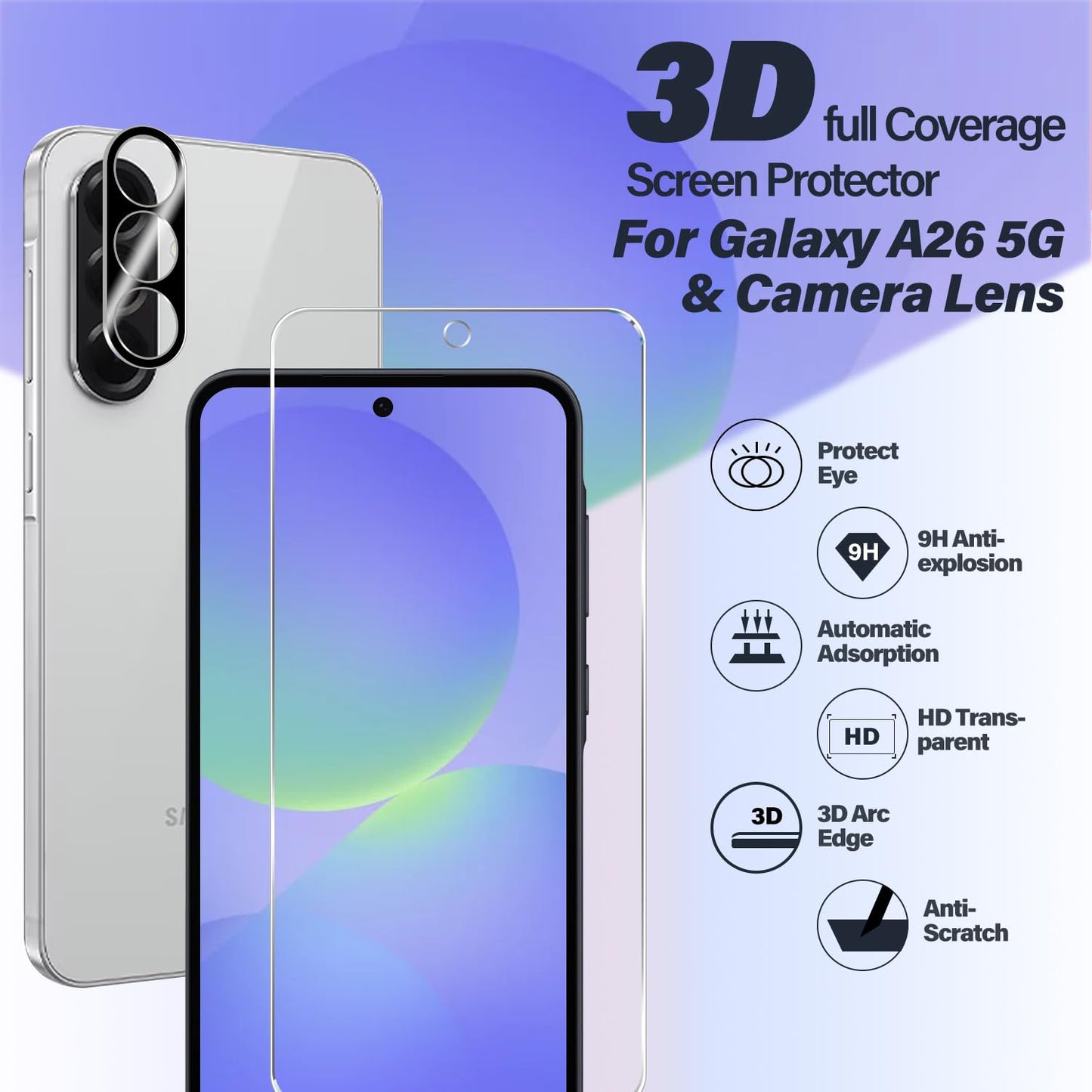 BIGFACE Galaxy A36 Tempered Glass Screen Protector + Camera Lens Protector [2 + 2 Pack][Case Friendly][Anti-Scratch][Ultrasonic Fingerprint Unlock] HD