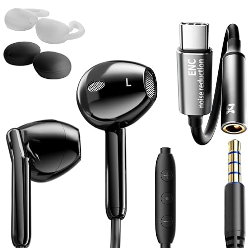 jechan Semi-in-Ear Wired Earbuds with ENC Microphone Call Noise Cancelling,Stereo Bass,Installable Ear Hooks,Clear Calling,Comfortable Fit Wired…