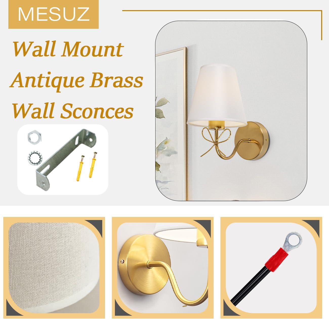 Mesuz Antique Brass Wall Sconces Set of Two, Bow Sconces Decor Gold Wall Lights Brass Brushed Gold Sconce with Fabric Shade, E26 110V Hardwired Wall