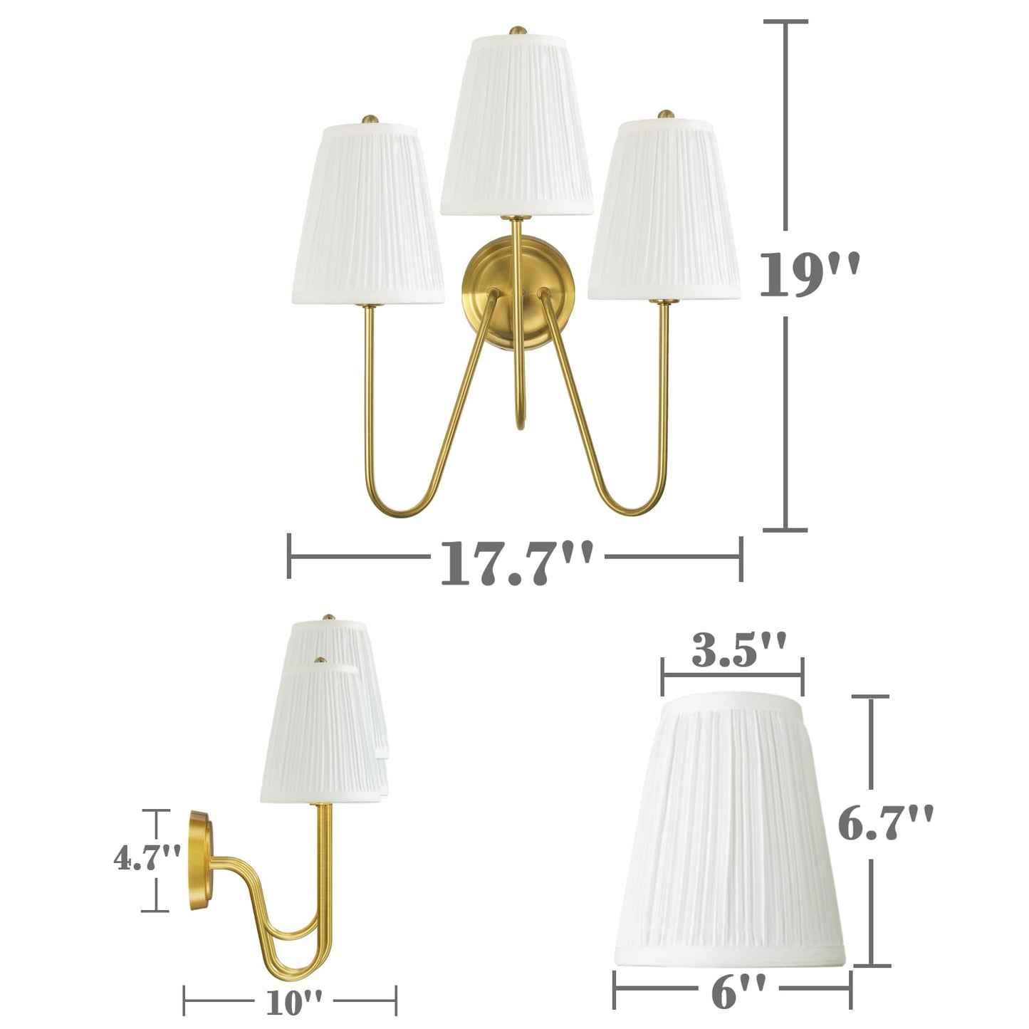 Electro bp; Elegant Triple Sconce Polished Gold Curved Metal Arm with Warm White Pleated Fabric Lamp Shades Brocade Cover Wall Light Fixture,E12,3
