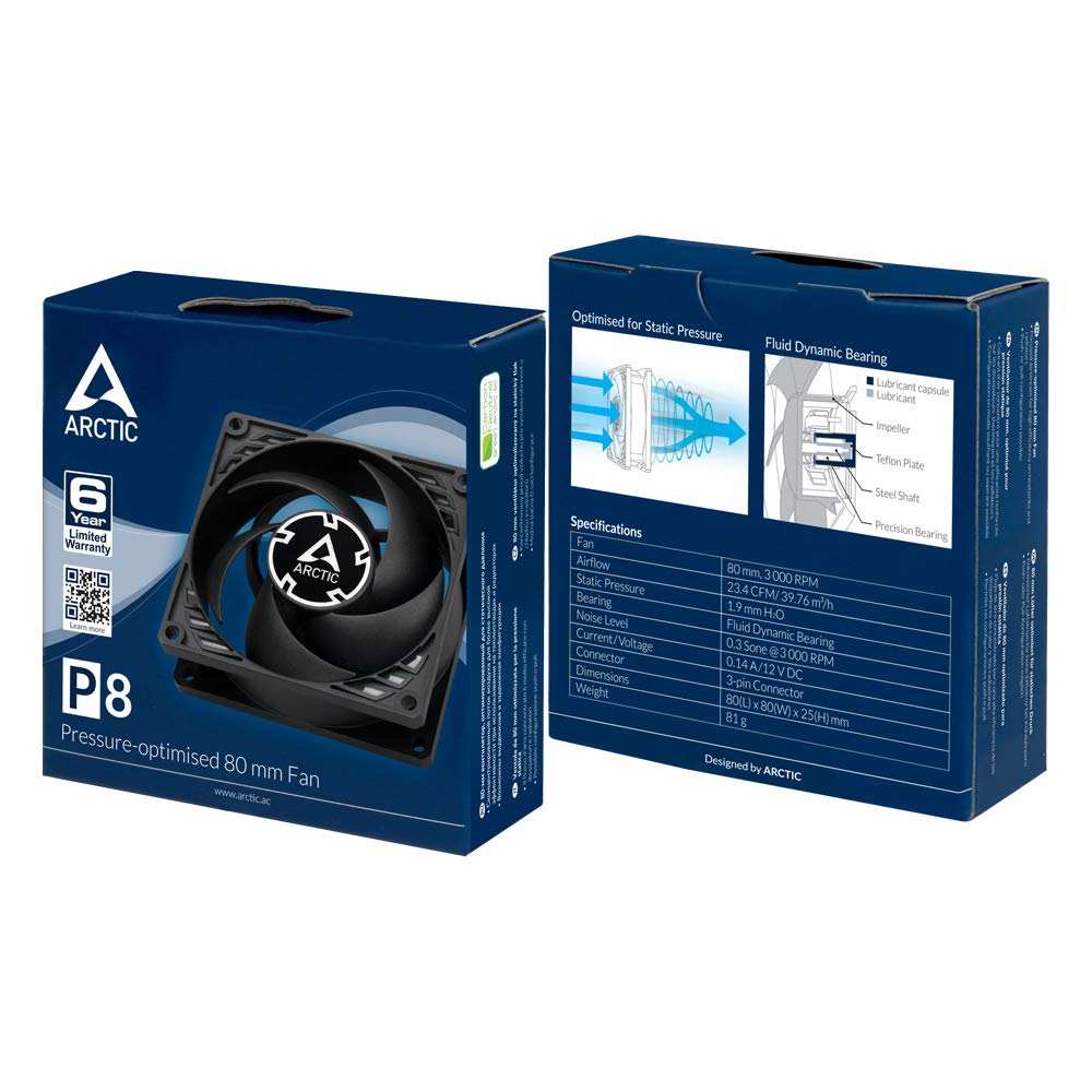 ARCTIC P8-80 mm Case Fan, Pressure-Optimised, Quiet Motor, Computer, Fan Speed: 3000 RPM - Black
