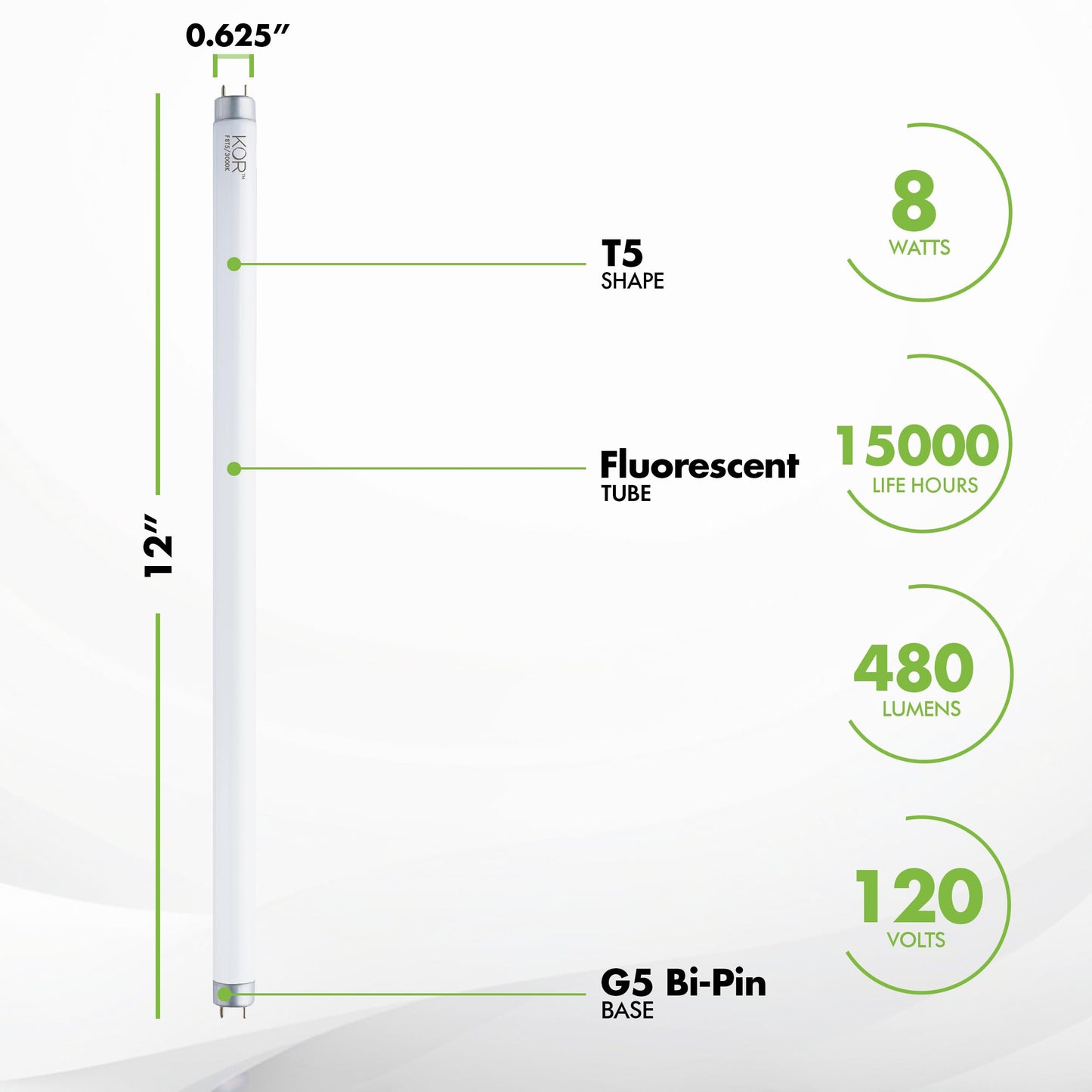 KOR F8T5/WW T5 Fluorescent Tube Light Bulbs, 8W, 3000K, 6-Pack
