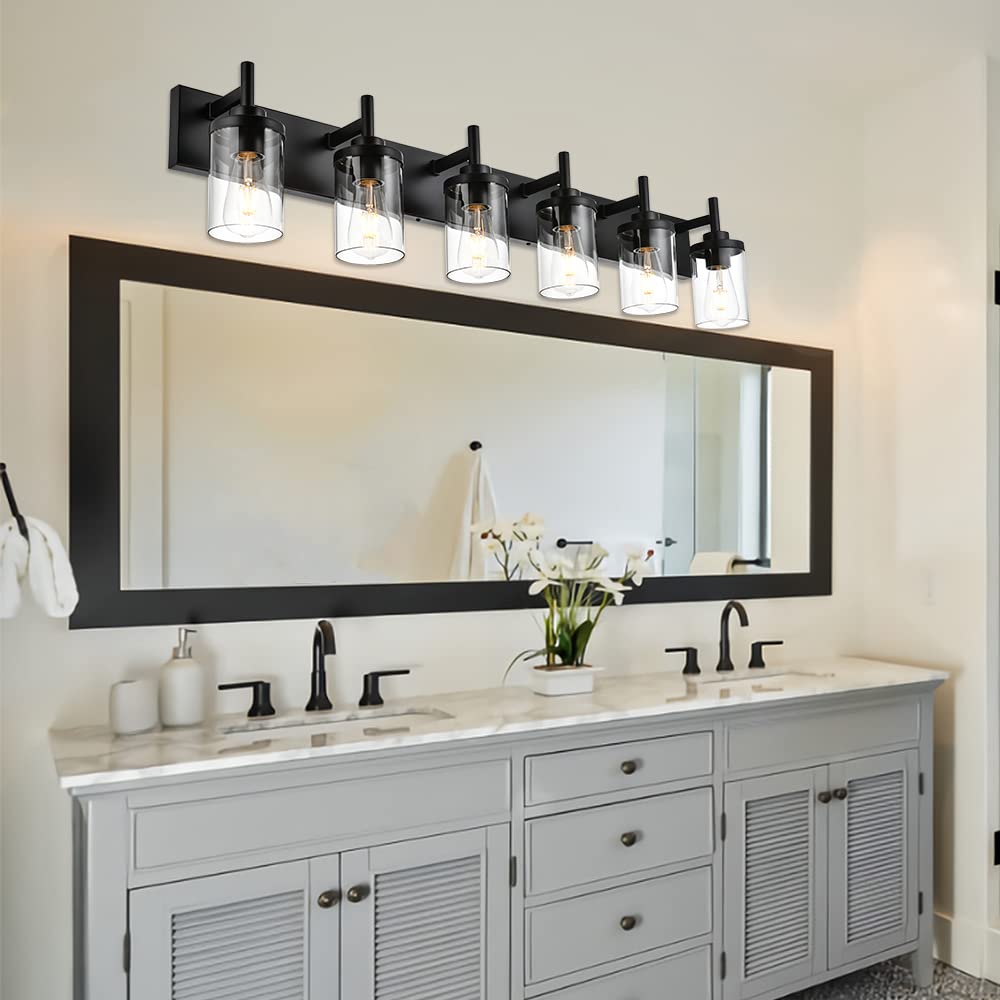 QueeuQ Modern Black Bathroom Vanity Light,6 Light Industrial Bathroom Light Fixtures Over Mirror with Clear Glass Shade Sconces Wall Lamp Lighting