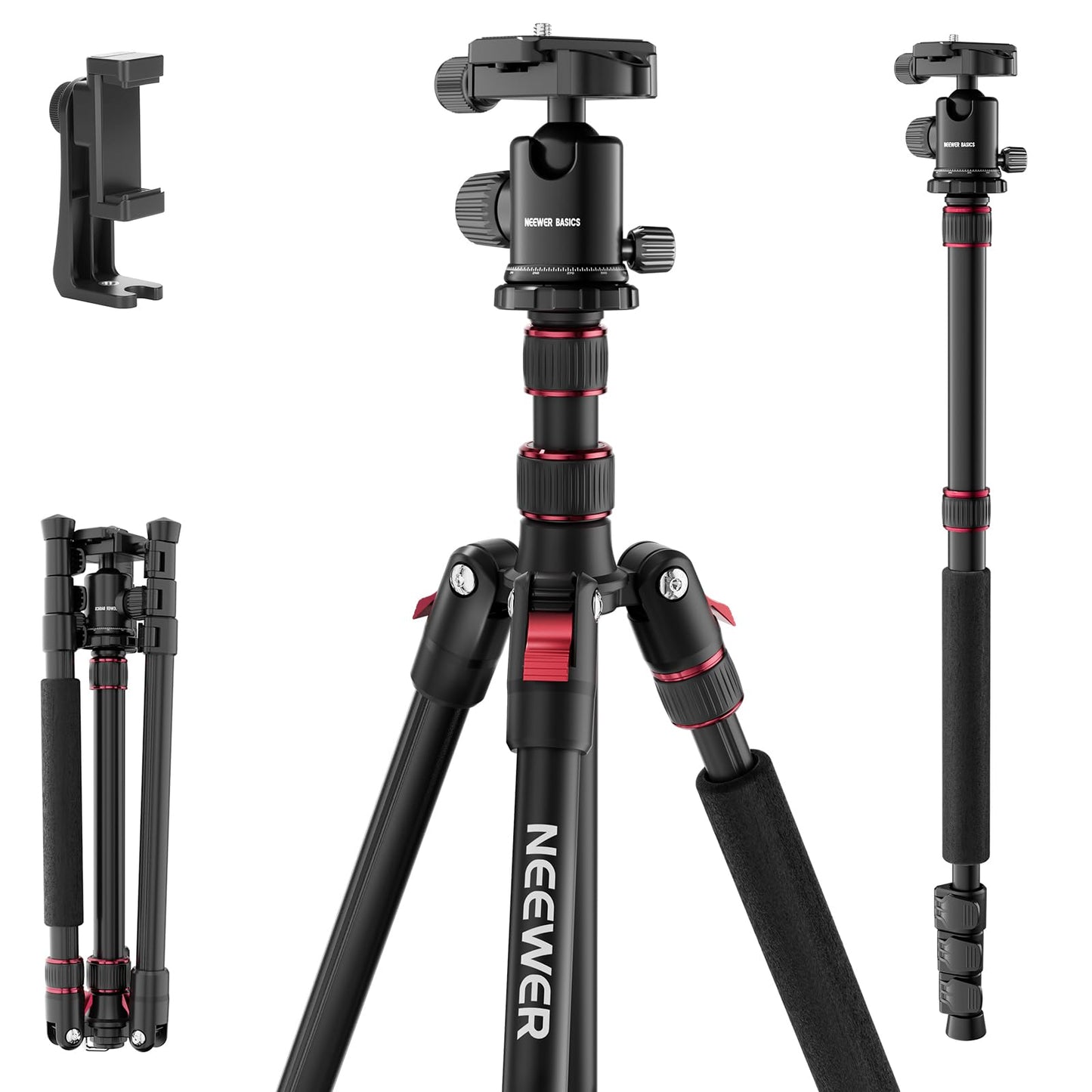 NEEWER Basics Camera Tripod Monopod, 71" Aluminum Heavy Duty Portable Travel DSLR Cell Phone Stand with 360° Ball Head Cellphone Holder Mount
