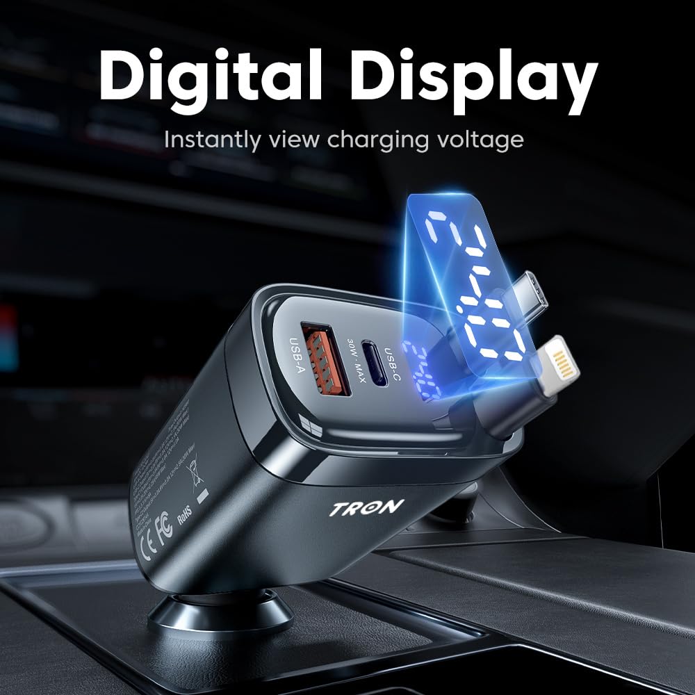 TRON 105W 4-in-1 Retractable Car Charger, Aluminum Alloy USB-C & Lighting Car Adapter with Smart Digital Display, Fast Charging for iPhone