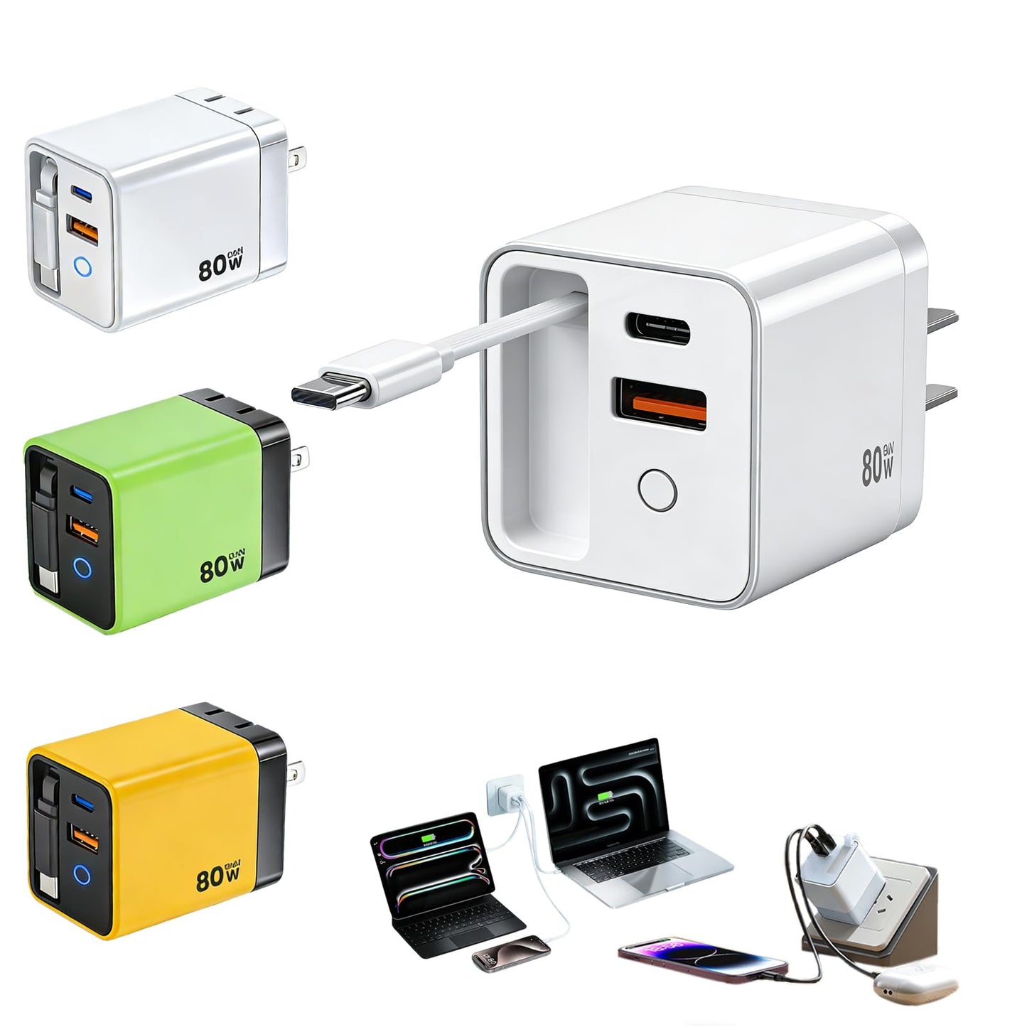 80W USB-C Retractable Fast Charger, PD Wall Charger with Built-in Retractable USB-C Cable, Portable Power Adapter for iPhone 17 Pro Max/16/15