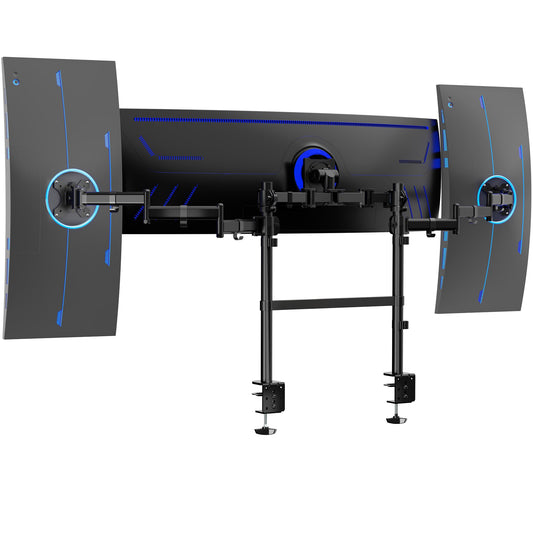 VIVO Clamp-on Dual Pole Triple Monitor Desk Mount for 1 Center Utrawide up to 49 inches and 59.4 lbs, 2 Side Screens up to 38 inches and 17.6 lbs, Low