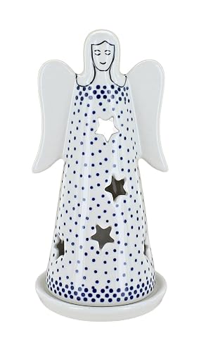 Blue Rose Polish Pottery - Blue Small Dots Small Angel Luminary - 6.25" Tall - Hand-Painted Polish Pottery Holiday Candle Holder, Unique Christmas