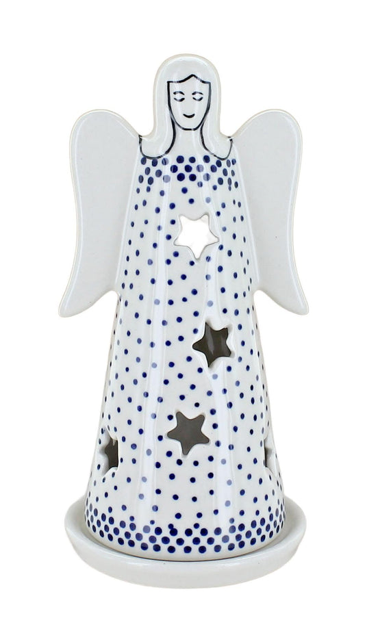Blue Rose Polish Pottery - Blue Small Dots Small Angel Luminary - 6.25" Tall - Hand-Painted Polish Pottery Holiday Candle Holder, Unique Christmas
