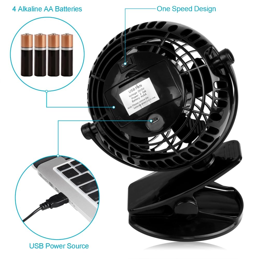 Gazeled Clip on Fan Battery Operated, 360° Rotation, with 8 Free AA Batteries, Quiet USB or Battery Operated Fan, 5'' Portable Battery Powered Clip on