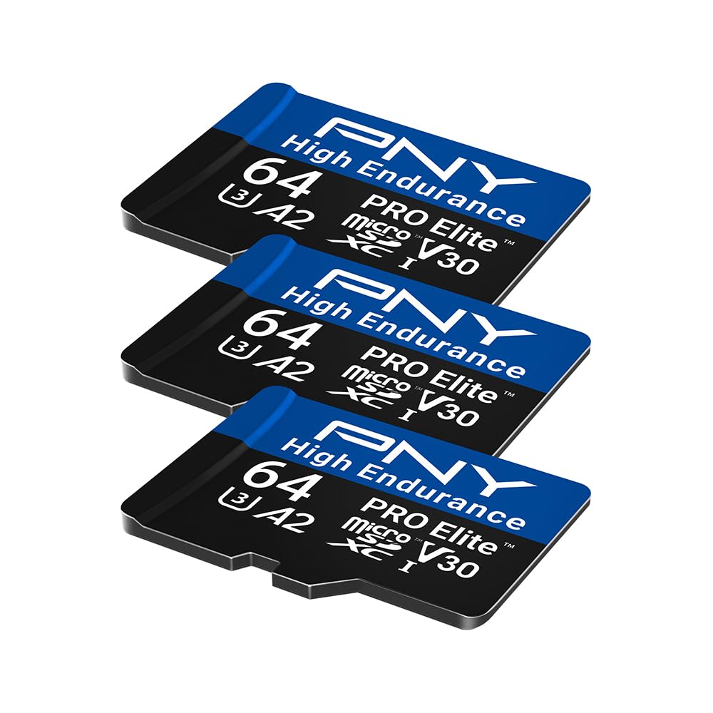 PNY 64GB PRO Elite™ High Endurance C10 U3 V30 A2 microSDXC - Up to 17.2K Continuous Recording Hours, Up to 100MB/s Read, 4K UHD, Full HD, UHS-I