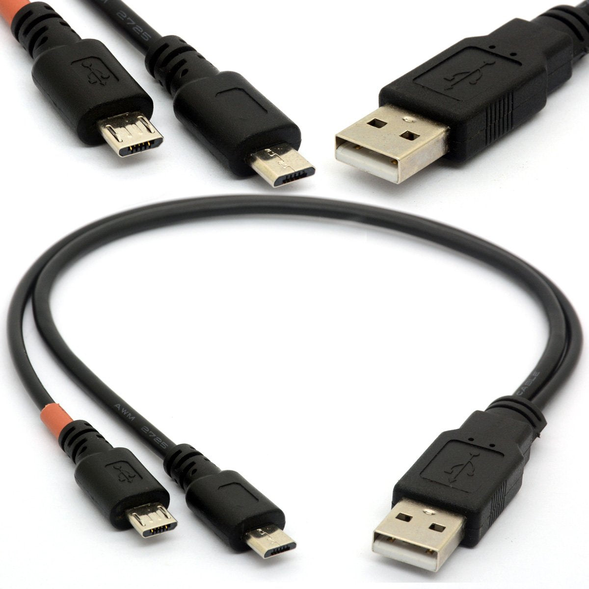 Micro USB Cable Y Splitter USB 2.0 A to Dual Micro B Power Enhancer Hub Adapter 1 Male to 2 Male Android Extension Code Syncing and Charging Two
