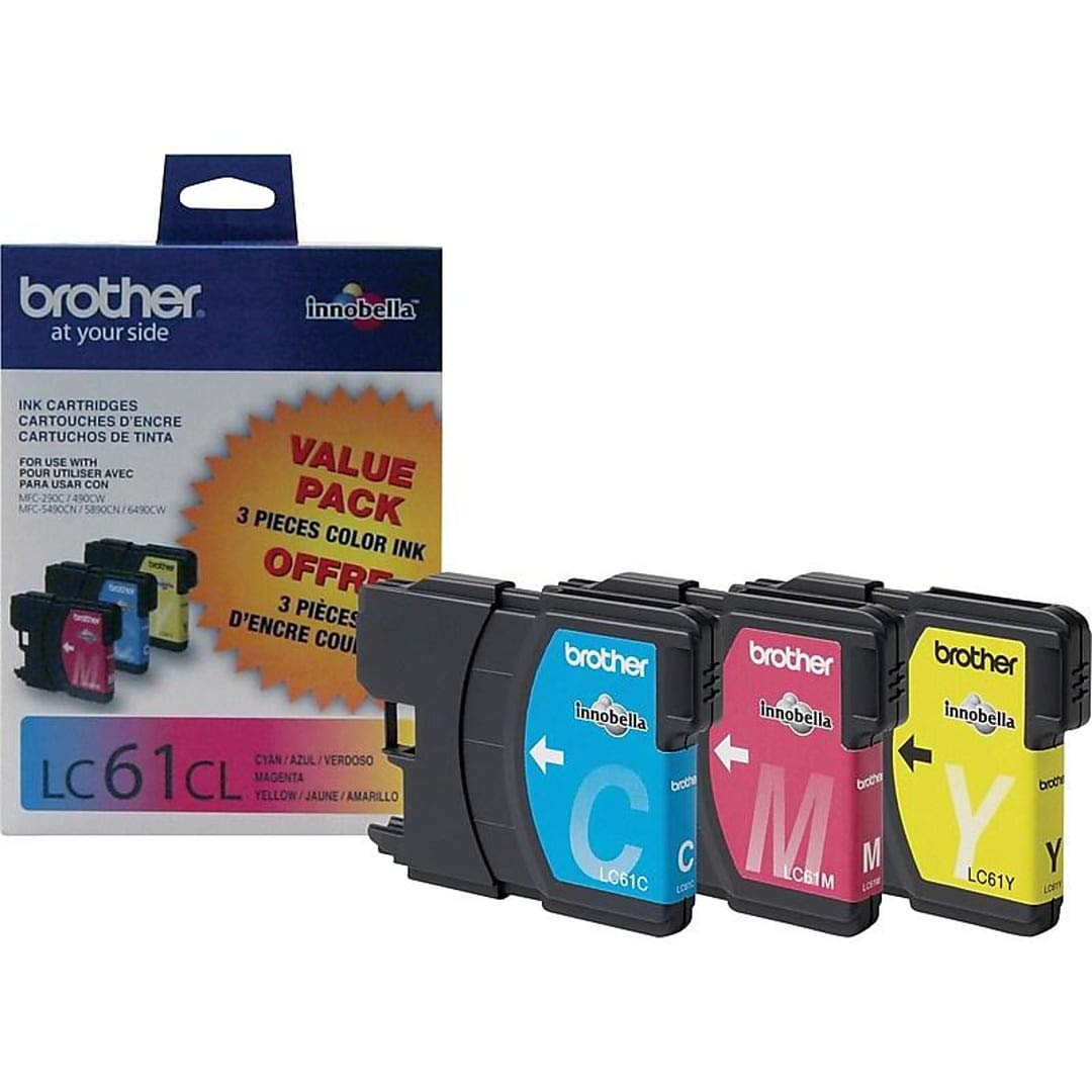 Brother Set of 3 LC61 Color Cartridges Includes: 1 Cyan LC61C, 1 Magenta LC61M, and 1 Yellow LC61Y All Cartridges are in Genuine Original Factory
