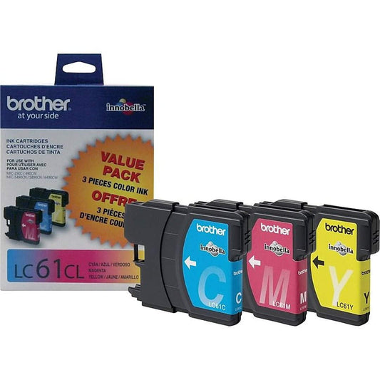 Brother Set of 3 LC61 Color Cartridges Includes: 1 Cyan LC61C, 1 Magenta LC61M, and 1 Yellow LC61Y All Cartridges are in Genuine Original Factory