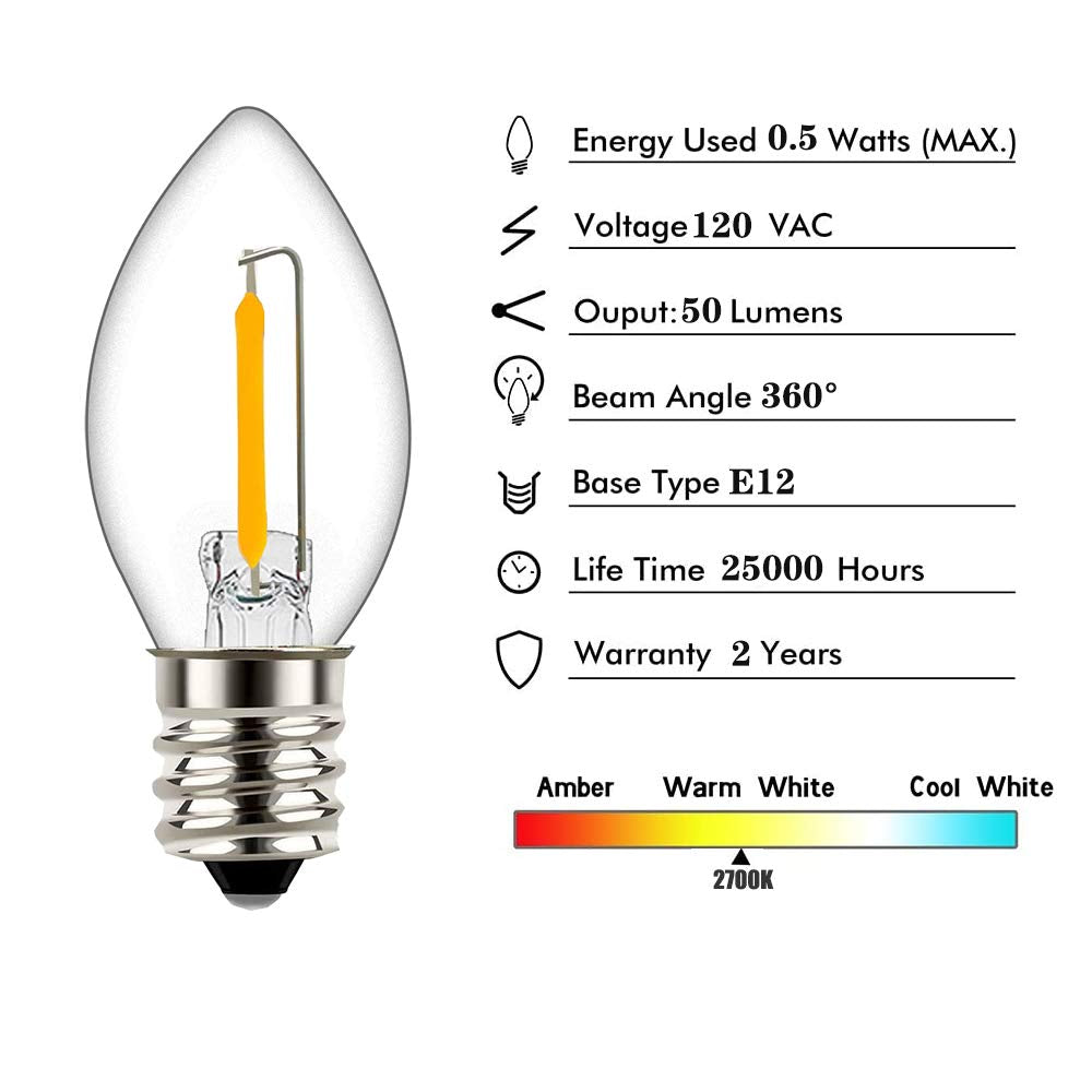 Tsunetani-C7 Edison LED Filament Mini Night Light Replacement Bulbs 0.5W Equivalent to 5 Watt Incandescent - E12 Candelabra Base 2700K Warm White