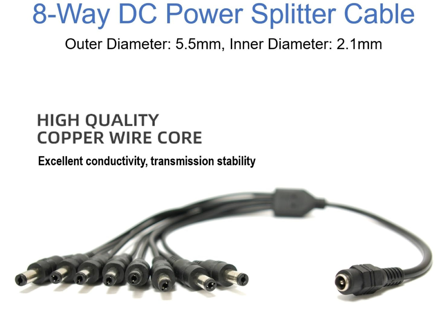 SOLTECH 8 Way DC Power Splitter Cable for Security Cameras 1 Female to 8 Male 5.5 * 2.1mm 8 Channel Y Adaptor for CCTV Surveillance Cameras