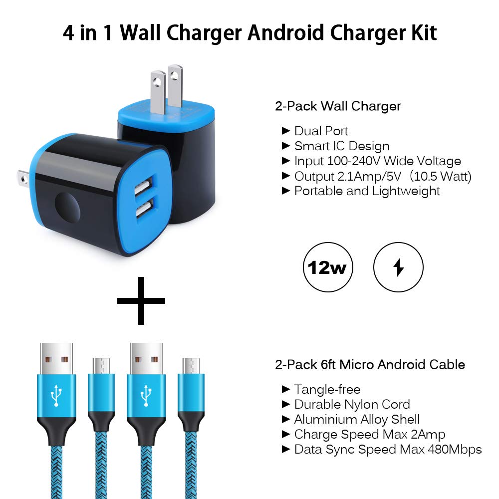 Android Phone Wall Charger Micro USB Cable, Charger Head Charge Block with 6ft Fast Charging Cord Compatible for Samsung Galaxy S7 S6 Active J3 S5 S2