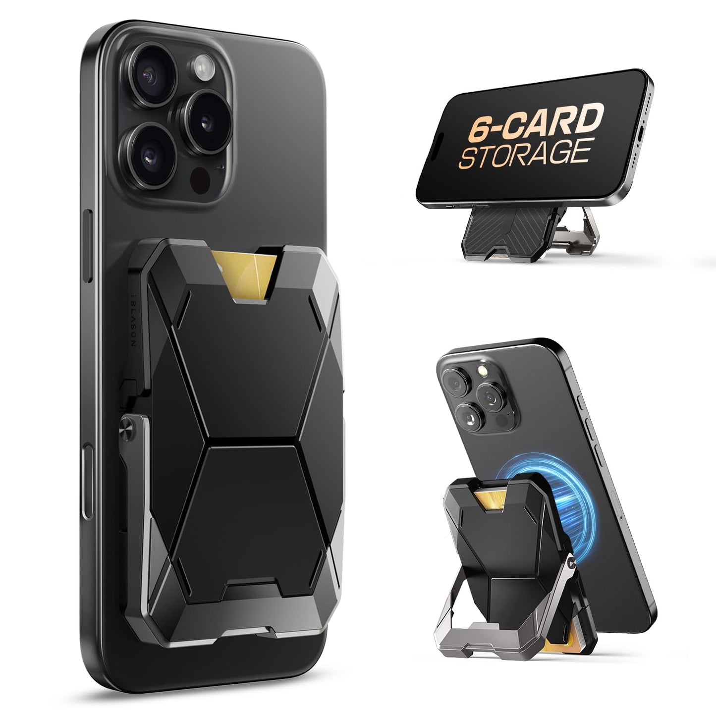 i-Blason for MagSafe Wallet Stand, Magnetic Wallet for iPhone [6 Cards Holder] [RFID Blocking] [Metal Lock Cover] [Extra Magnetic Pad] Phone Card