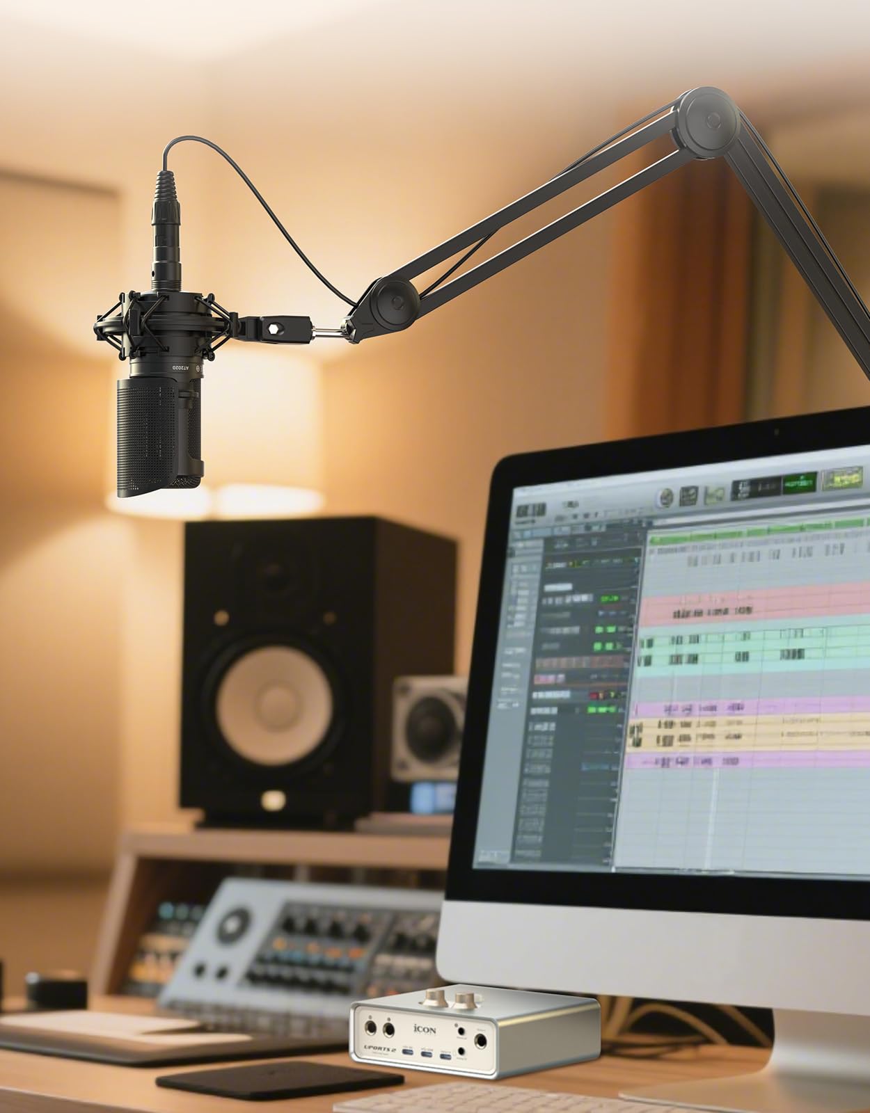 Audio Technica AT2020 Microphone Shock Mount with Pop Filter, Anti-Vibration Suspension Shock Mount Holder Clip Compatible with AT2020 Line Kit