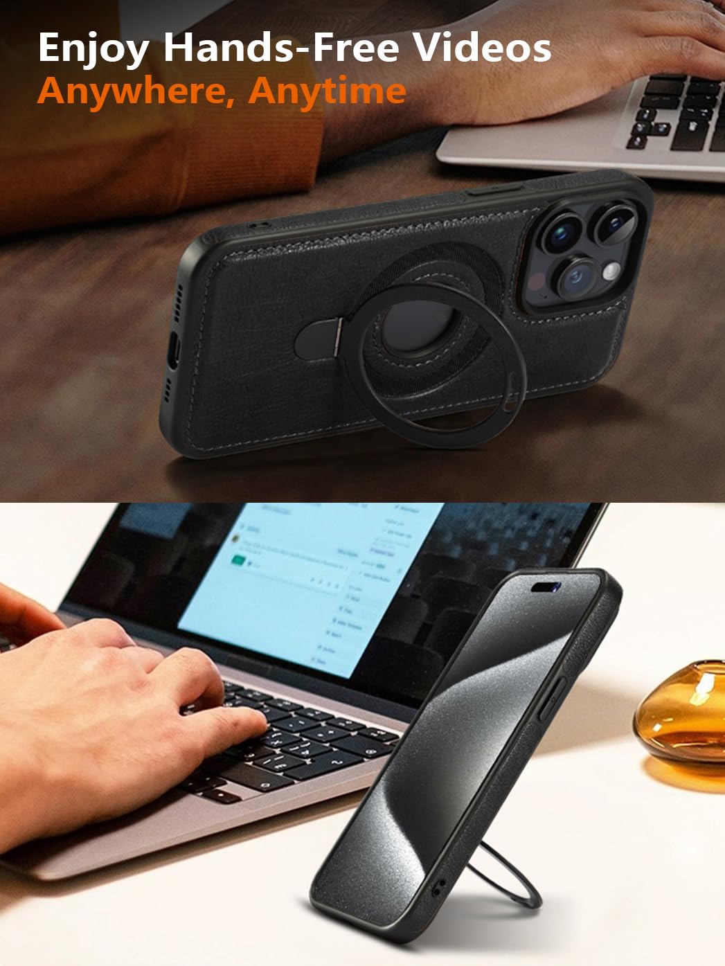 VAUSERDY Magnetic for iPhone Leather Case,Invisible Stand [Compatible with Magsafe] Slim Kickstand Phone Cove (Black, iPhone 16-6.1")