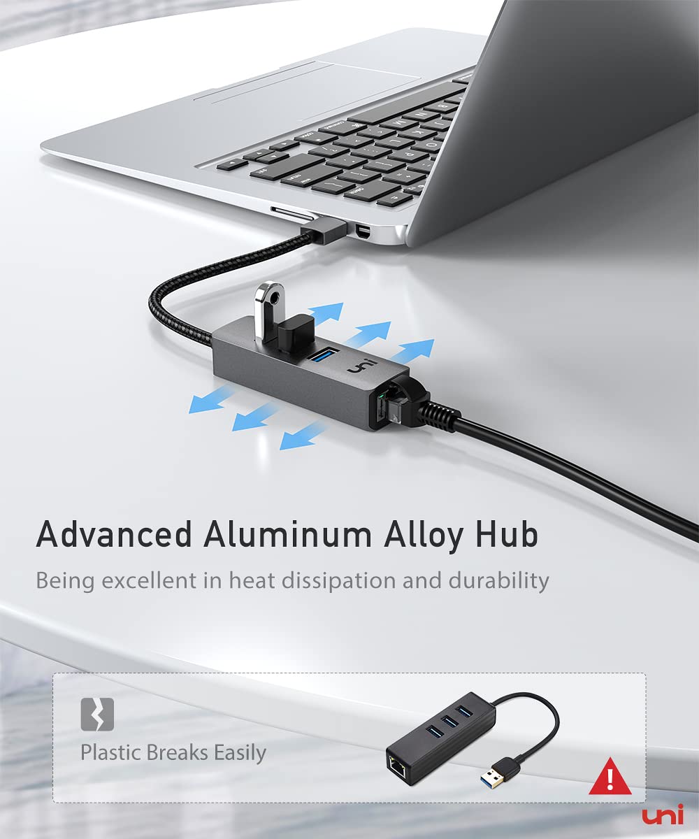uni USB to Ethernet Adapter, USB 3.0 Hub with 100/1000 Mbps RJ45 Ethernet Driver Free, Sturdy Aluminum 4-in-1 USB-A to LAN Network Adapter Compatible