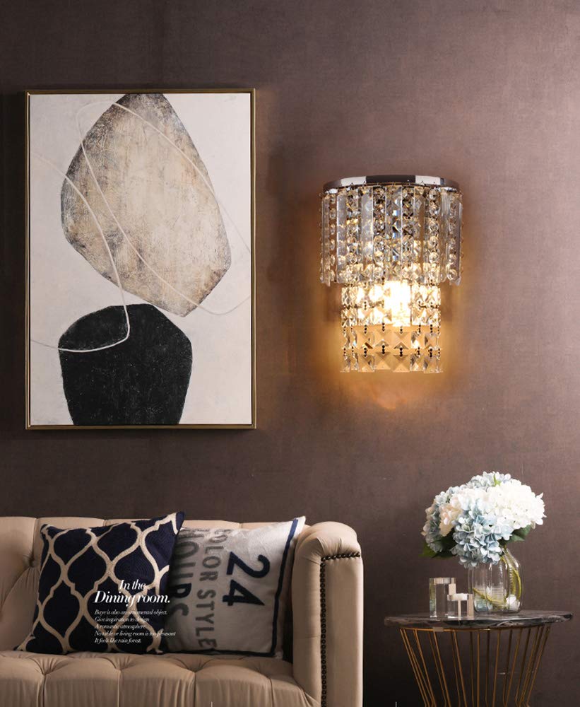 Pathson Modern K9 Crystal Wall Sconce Hardwired, Chrome Finish Wall Light Fixture, Acrylic Crystal Drops Wall Lamp for Bedroom Living Room