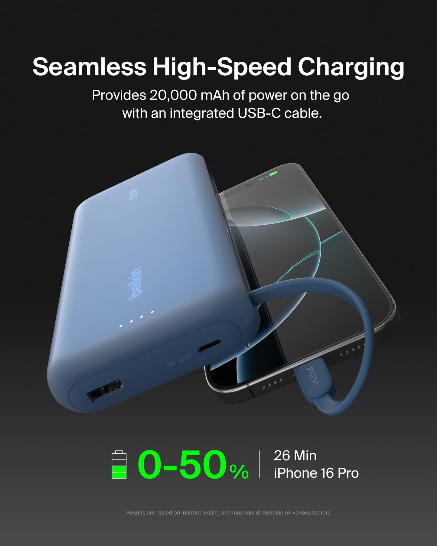 Belkin Power Bank with Integrated Cable, Fast Charging USB-C, 20000 mAh 30W, Portable Charger Power Bank USB C for iPhone 17, Air, Pro, Pro Max, iPad