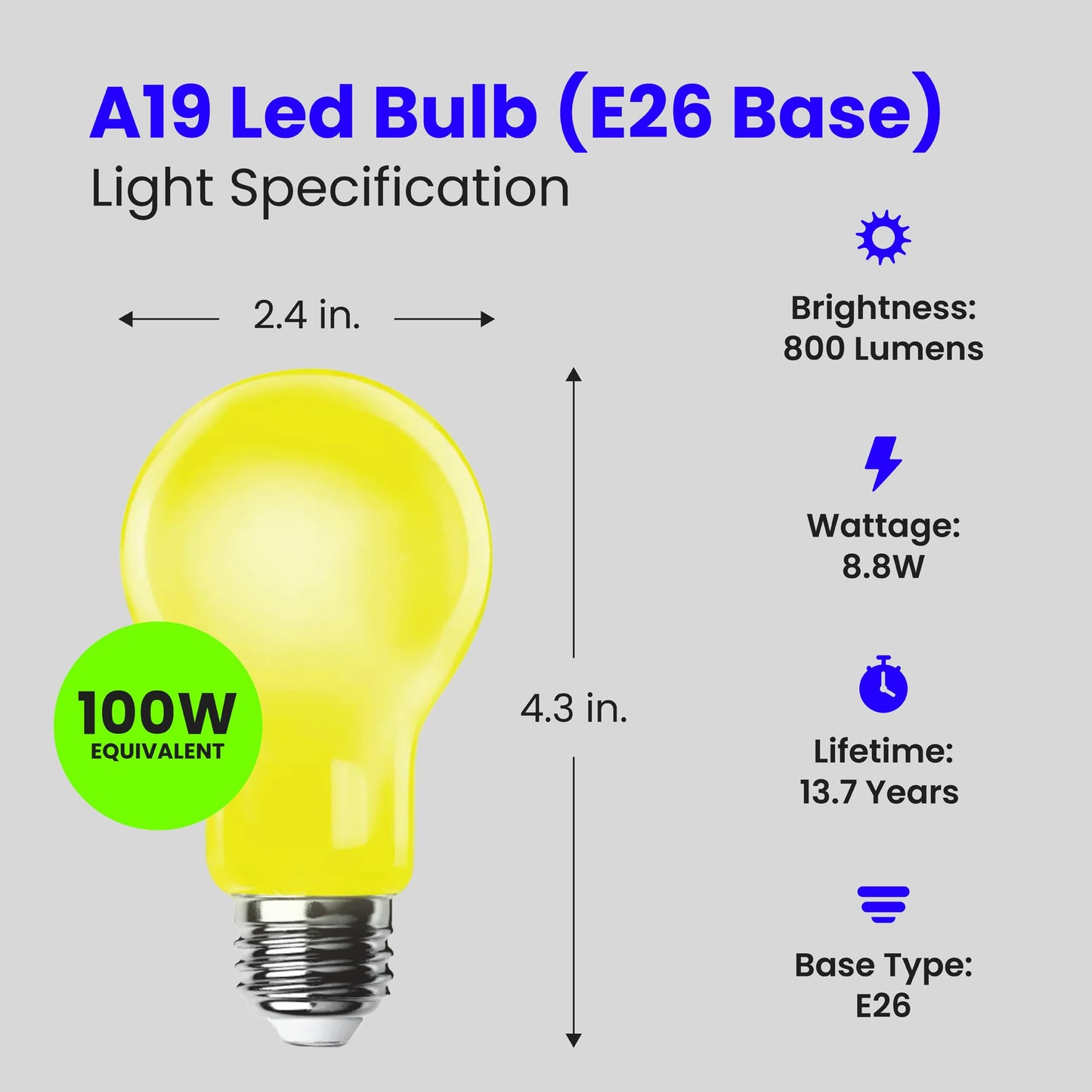 Feit Electric A19 Outdoor LED Bug Light, 100-Watt Equivalent, Dimmable LED Light Bulb, E26 Medium Base, 800 Lumens, 120V, 13 Years Lifetime, Yellow