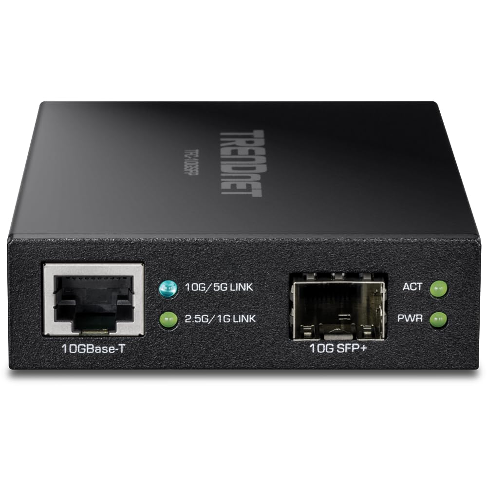 TRENDnet 10GBASE-T to SFP+ Fiber Media Converter, TFC-10GSFP, 1 x 10G RJ-45 Port, 1 x 10Gbps SFP+ Slot, NDAA & TAA Compliant, Power Adapter Included