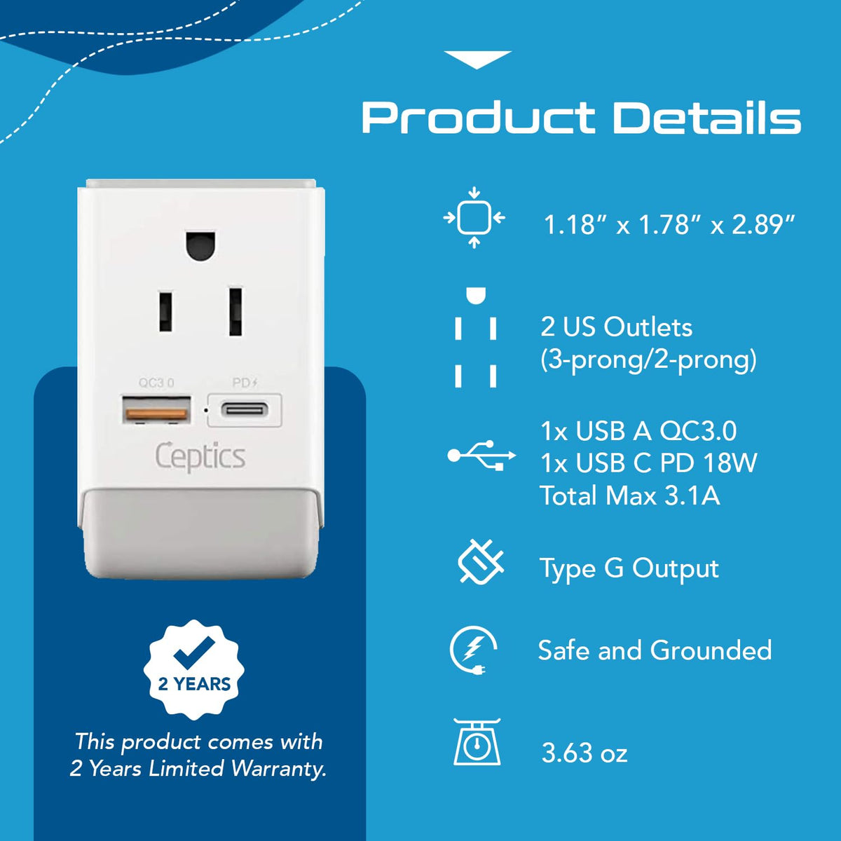 Ceptics UK Ireland Hong Kong Plug Adapter, International Power Plug with USB & USB-C - 2 USA Socket, QC 3.0 & PD - Type G Outlet Adapter for USA to British England Scotland London - Fast Charging