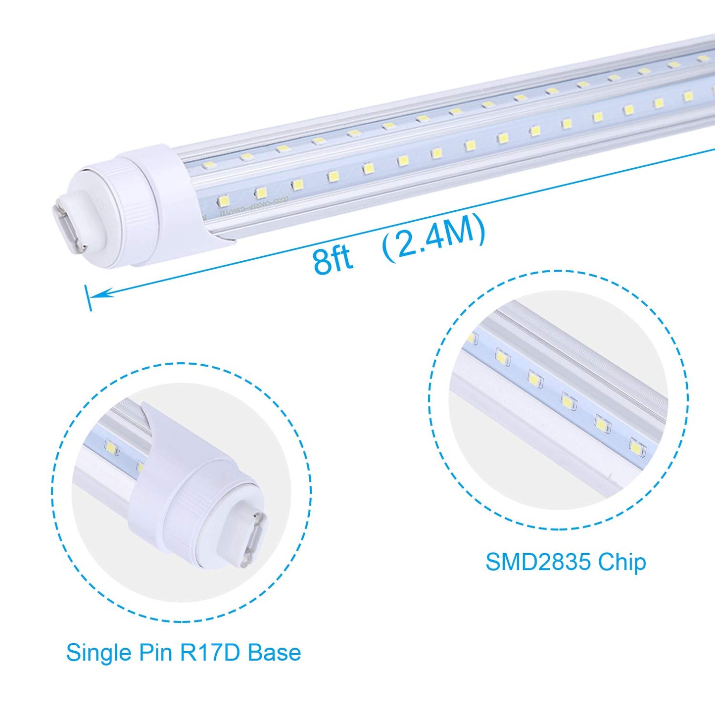 FALANFA 8ft R17D Rotatable HO Base led Tube Light 65W,270 Degree V Shaped LED Chip Bulbs,T8 6000K Cool White,Clear Cover,85V-265V,Dual-Ended
