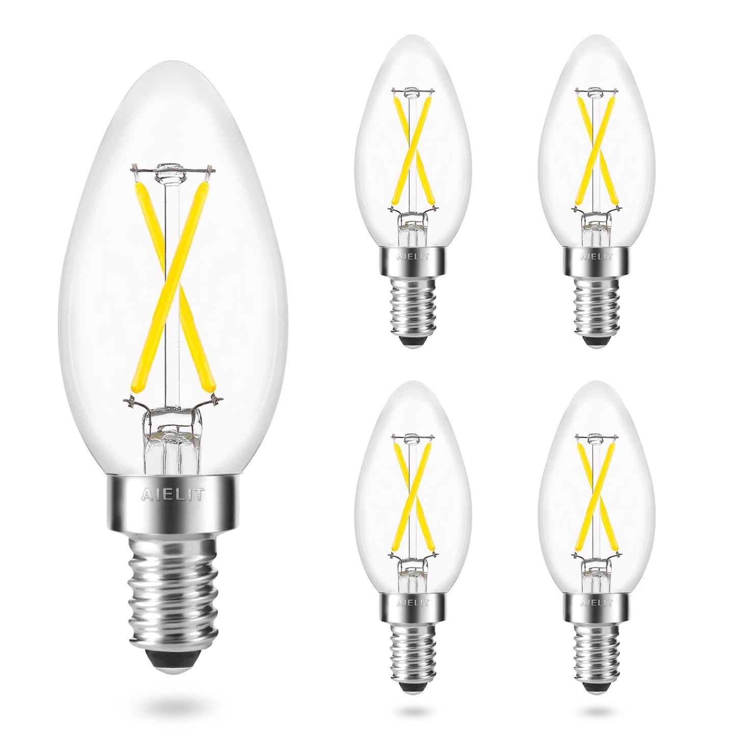 AIELIT B11 E12 LED Candelabra Bulb 25-Watt Equivalent, 5000K Daylight White, 200 Lumens, Dimmable Chandelier Light Bulb, Clear Glass, 2W Candle LED