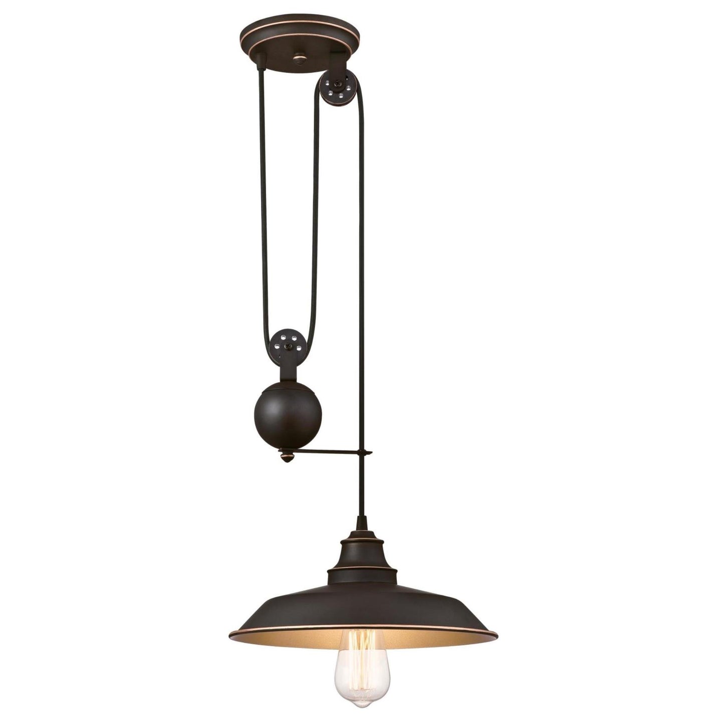 Westinghouse Lighting 6363200 Iron Hill One-Light Pulley, Oil Rubbed Bronze Finish with Highlights and Metal Shade Indoor Pendant, 1