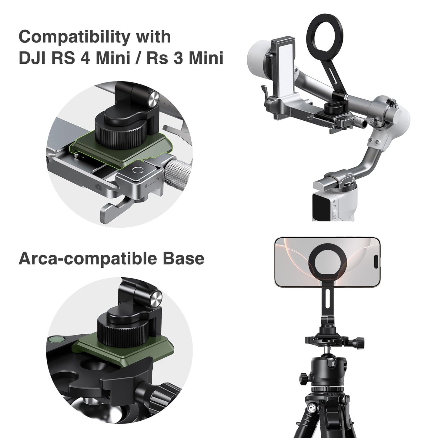 elitehood Aluminum Tripod Phone Mount Adapter for DJI RS 4 Mini, Magnetic Smartphone Tripod Mount with Arca-Standard & Hot Shoe Plate for Camera, Cold