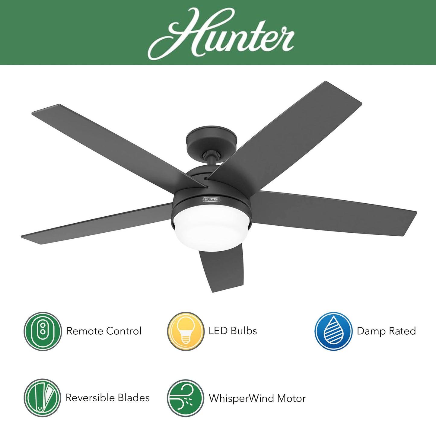 Hunter Fan 52 inch Ceiling Fan with Lights and Remote Control, Matte Black, Reversible Blades, Indoor/Outdoor Ceiling Fan for Kitchen, Bedroom, Living