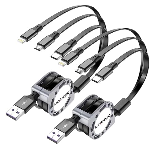 UZAHSK Multi Charging Cable 4ft 3 in 1 USB Retractable Phone Charger Cable with Type C/iOS/Micro USB Port Connector, Compatible with Cell Phones