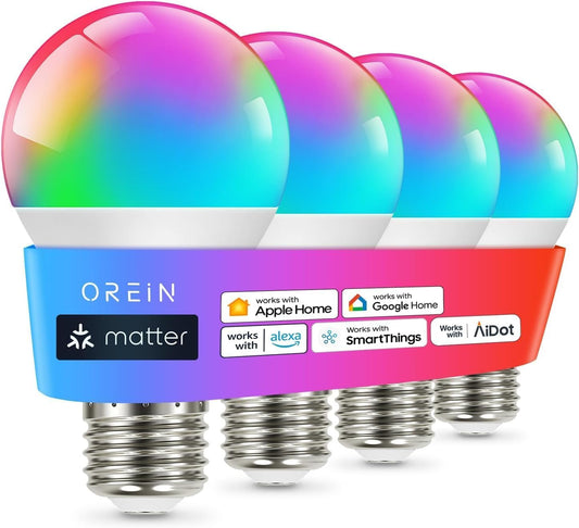 OREiN Matter Smart Light Bulb, A19 RGBTW Color Changing Light Bulbs, 4 Pack