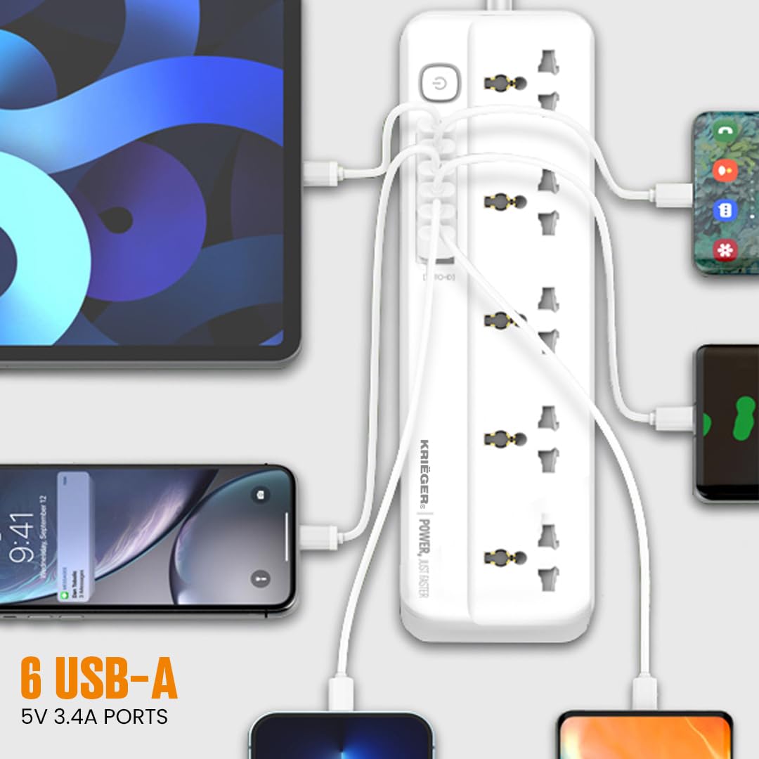 K KRIËGER Universal Power Strip Surge Protector, 5 Outlets, 6 USB Ports, Child Saftey Latch, On/Off Power Button, 2M Extension Cord, Flat Plug