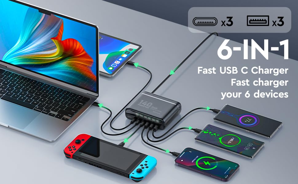 GaN 140W USB C Charger Block 6 Port Multi USB Charging Station Hub Power Digital Display 100W Laptop Charger Type c Universal Travel Adapter EU/UK/US