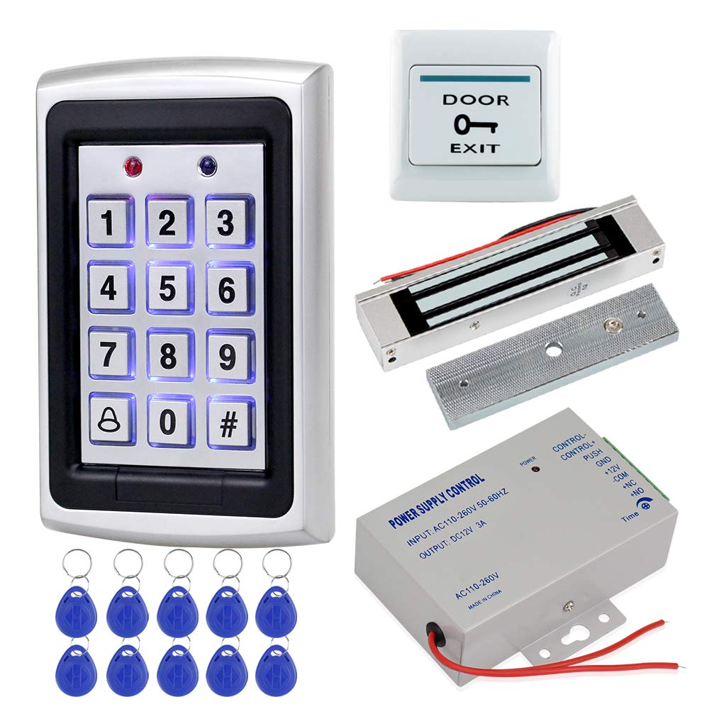 HFeng Full Kit Door Access Control System 125KHz RFID Keypad Reader Metal Case + 180KG Electromagnetic Lock + DC12V 3A Power Supply Controller + Door